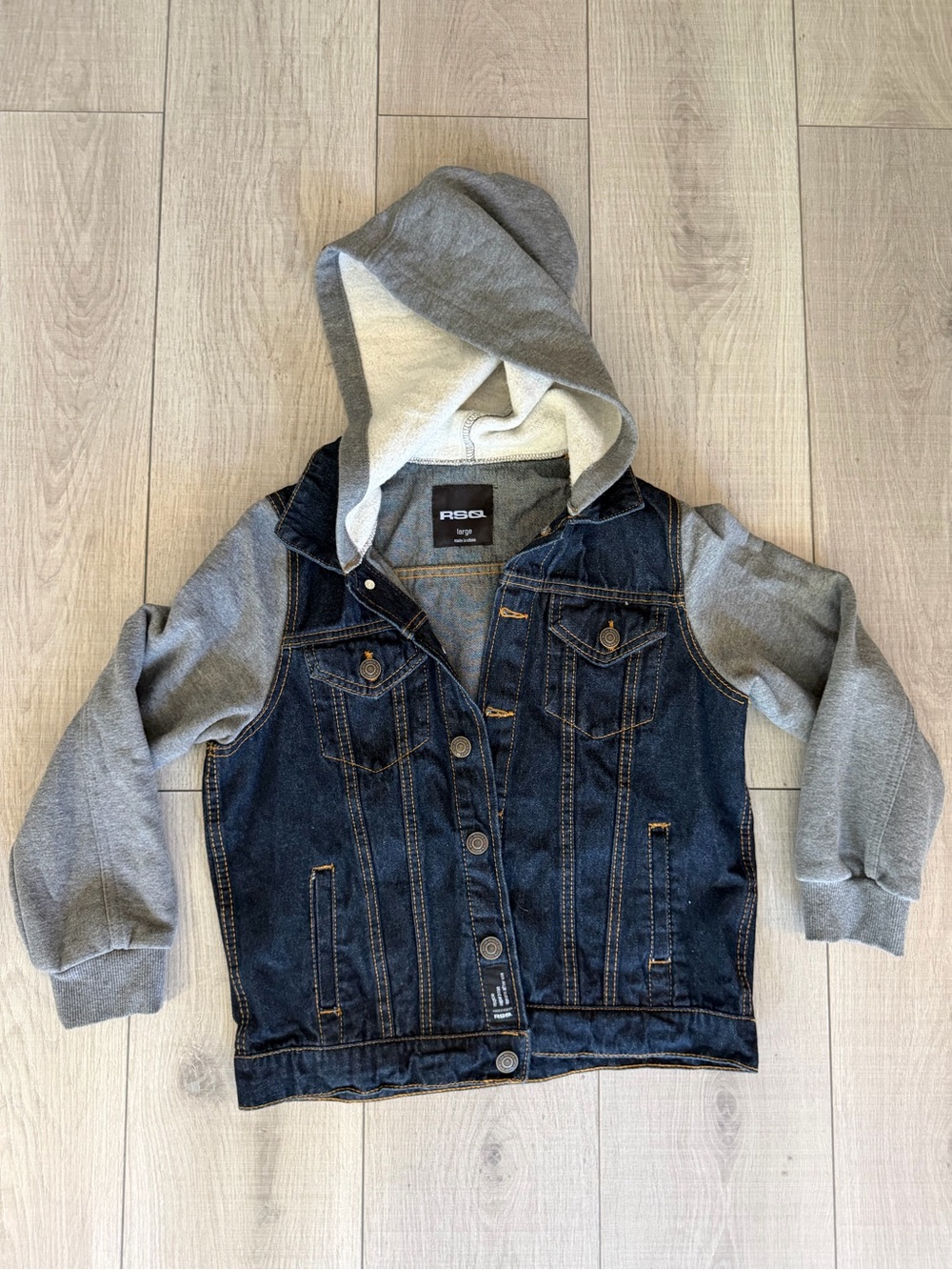 RSQ Boys Layered Hooded Denim Jacket Trucker Hoodie Blue Gray Size Large